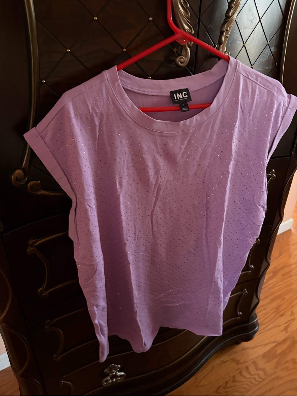 INC International Concepts Lavender rhinestone Short Sleeve Tee size large